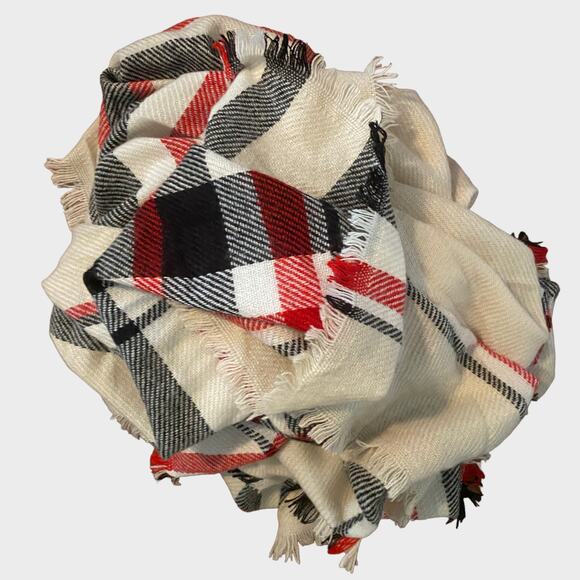Blanket Scarf Large Square 56" x 56" Plaid Red Cream Black Fringe - Picture 2 of 7